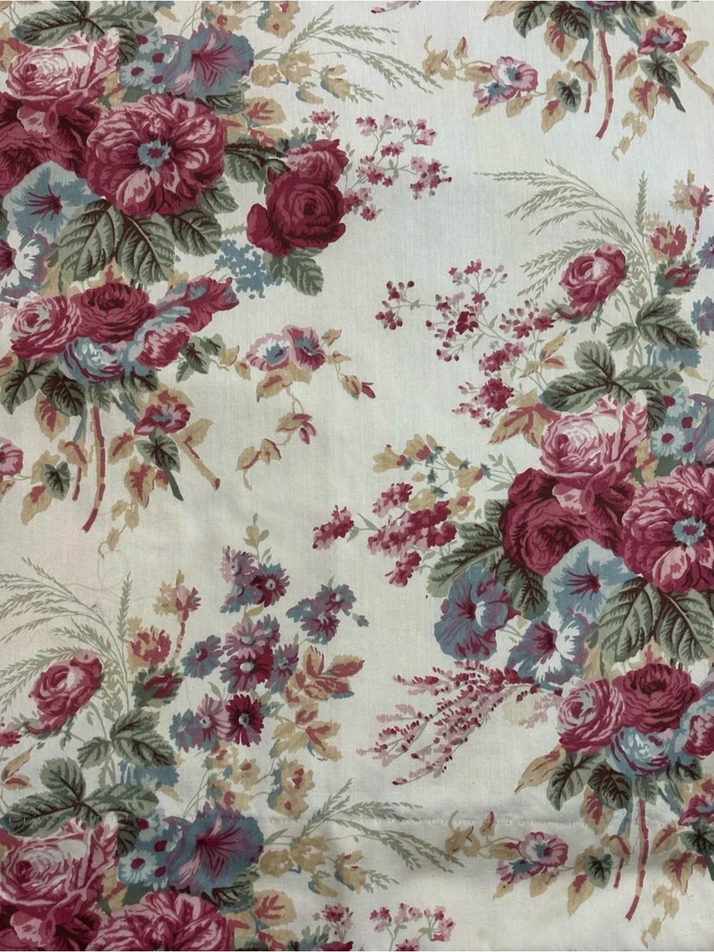 Vint Springmaid Floral Curtain Panel Repeating Botanical Rose Pink Blue Flowers